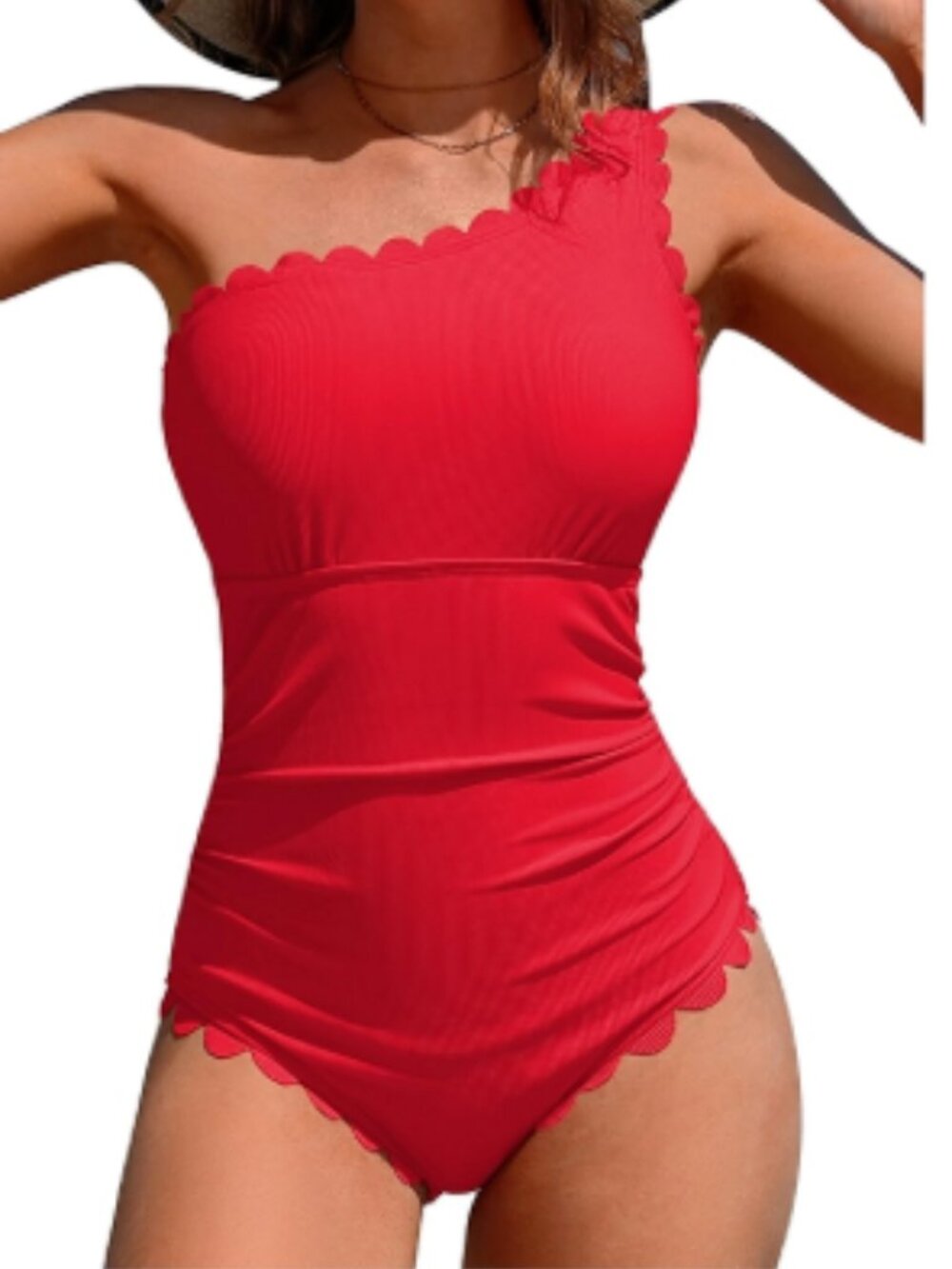 Charmo 1-shoulder 1-piece RED ribbed scalloped Lg